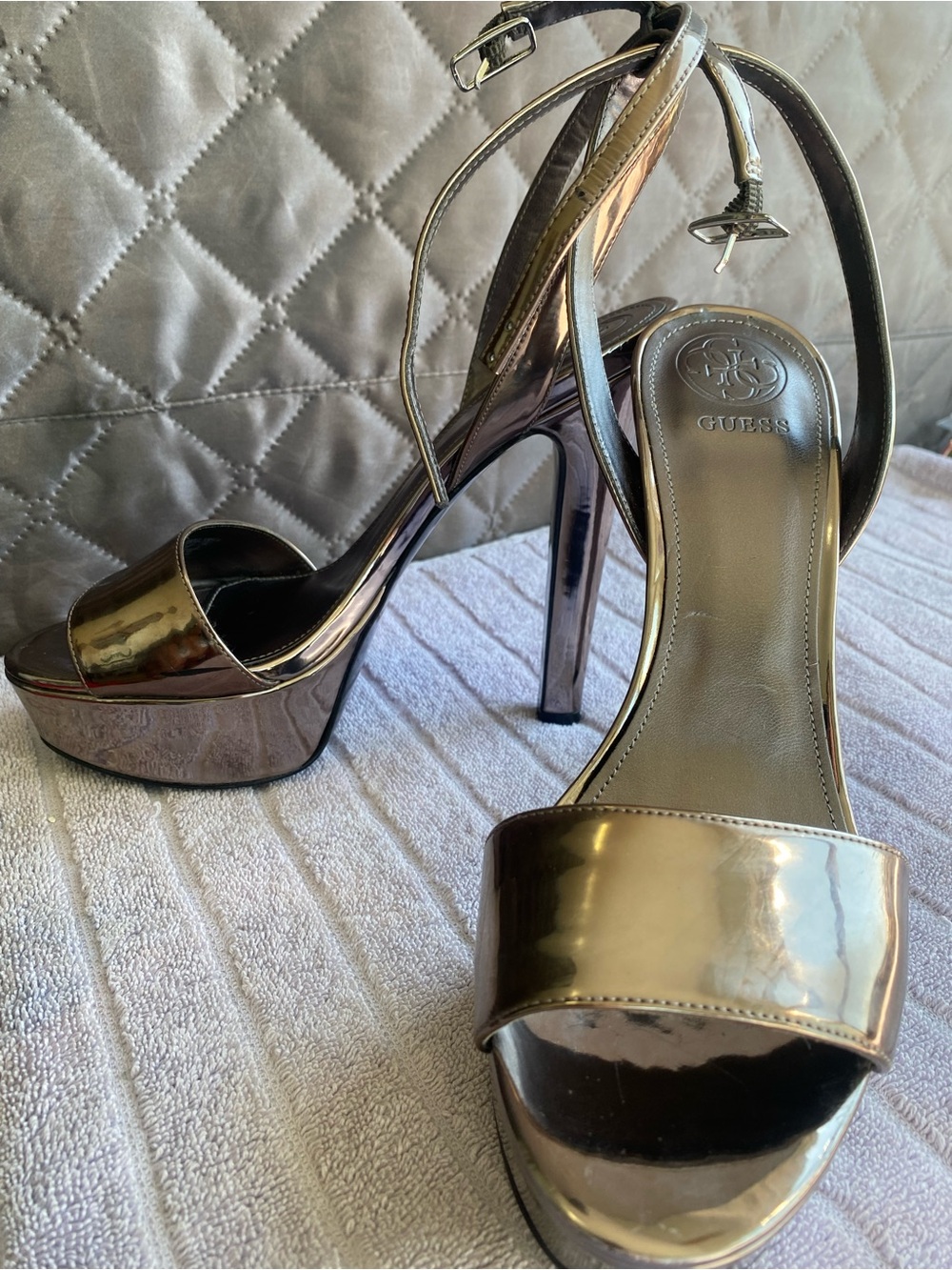 GUESS Empress Metallic Pewter Platform Stiletto Heels – Size 8